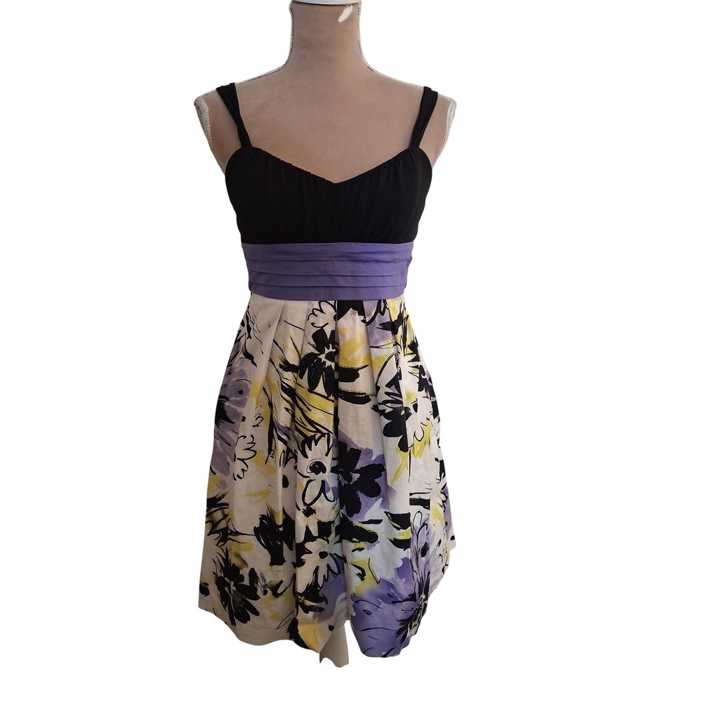 IZ Byer California Floral Fit Flare Dress Black Purple Yellow Size 5 Juniors Y2k